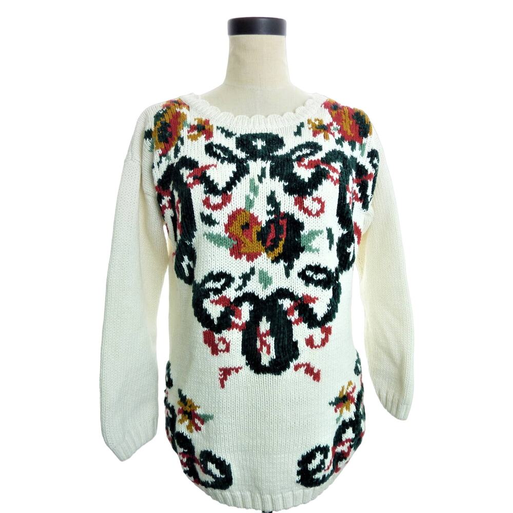 Vintage Floral Ugly Sweater Size S White with Green